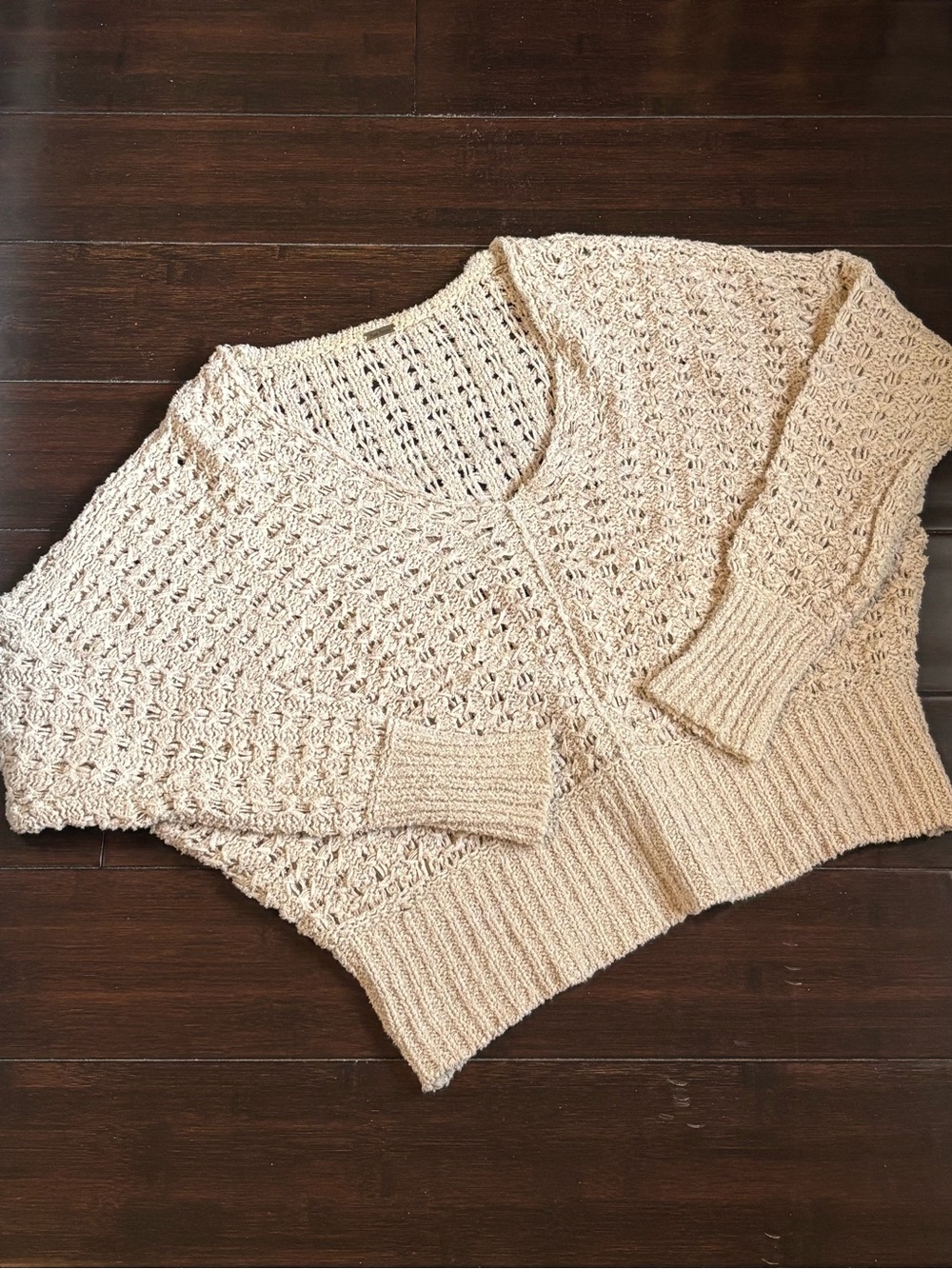 Free People Cream Open-Knit V-Neck Sweater